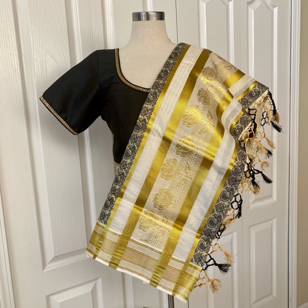 Black and Gold Saree with Blouse Vishu Kerala sari
